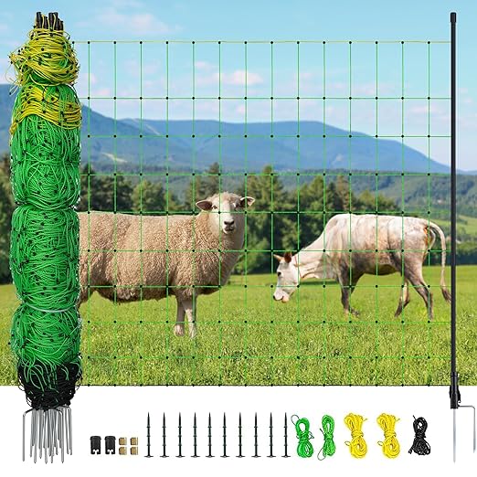 Electric Fence Netting, 164'L x 42.5" H Electric Fence Kit for Livestock, Goat, 14 Posts Double Spiked Portable Electric Poultry Farm Fence-PurrikoPets