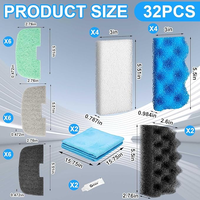 32 Pcs Aquarium Replacement Maintenance Kit Compatible with Fluval 106/107 Filter Media Including Biological Sponge, Ammonia/Phosphate/Nitrite Remover Pad, Aquarium Towel, Grease-PurrikoPets