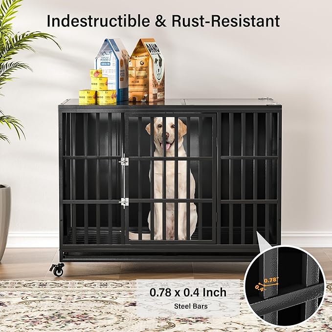 48 inch Heavy Duty Dog Crate with Self-Locking Latch, Indestructible Large Steel Kennel with Enclosed Design, Escape-Proof and Chew-Proof Pet Cage for High Anxiety Dogs-PurrikoPets