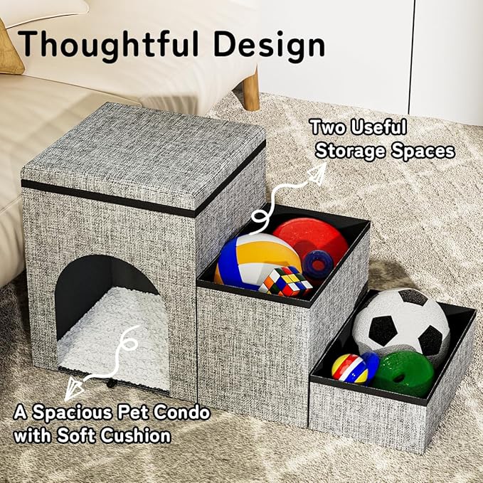 Dog Stairs with Storage, 3-Step Wider Dog Steps with Condo for Dogs and Cats, Pet Stairs for High Bed Climbing, Grey-PurrikoPets