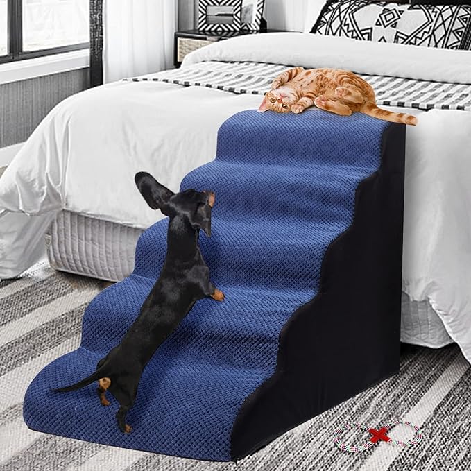 Dog Stairs&Steps for High Beds Up to 28'', 5-Step Dog Ramp for Small Medium Dogs with Washable Cover, Pet Steps for Cats to Get on Couch and Sofa, Durable Foam Ladders, 24.4" Tall, Blue-PurrikoPets
