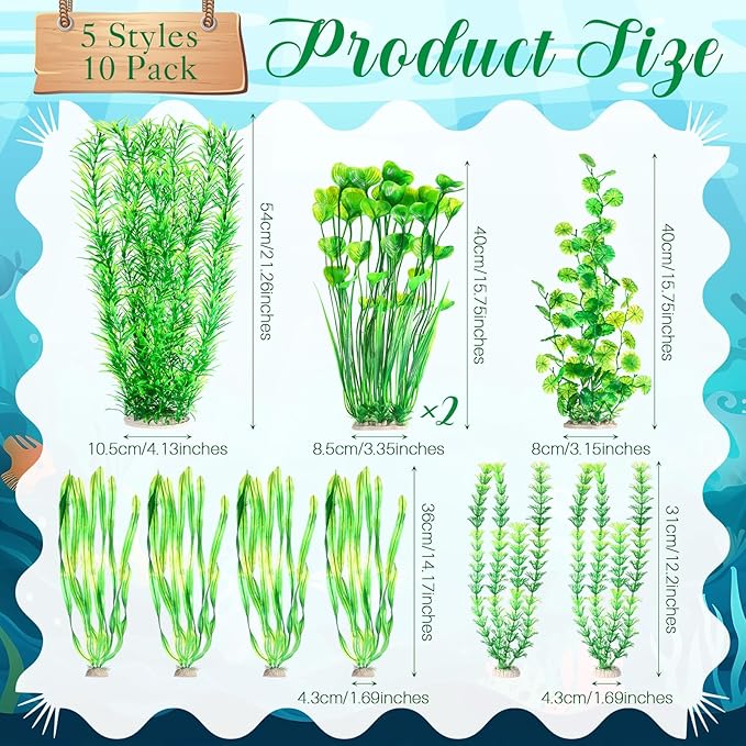 10 Pcs Large Aquarium Artificial Plants Decorations, Tall Plastic Fish Tank Plant Decorations for Household and Office Aquarium (Green)-PurrikoPets