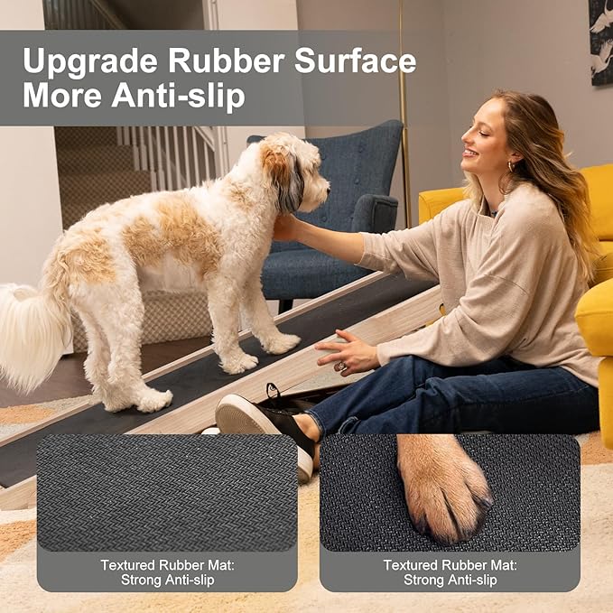 ABORON Folding Wooden Extra Long Dog Ramp, Non-Slip Rubber Mat, 63" Long for High Bed/Couch/Car, 5 Levels Adjustable Pet Ramp, 17.7'' Wide, Supports Small & Large Senior Dogs & Cats up to 200 lbs-PurrikoPets