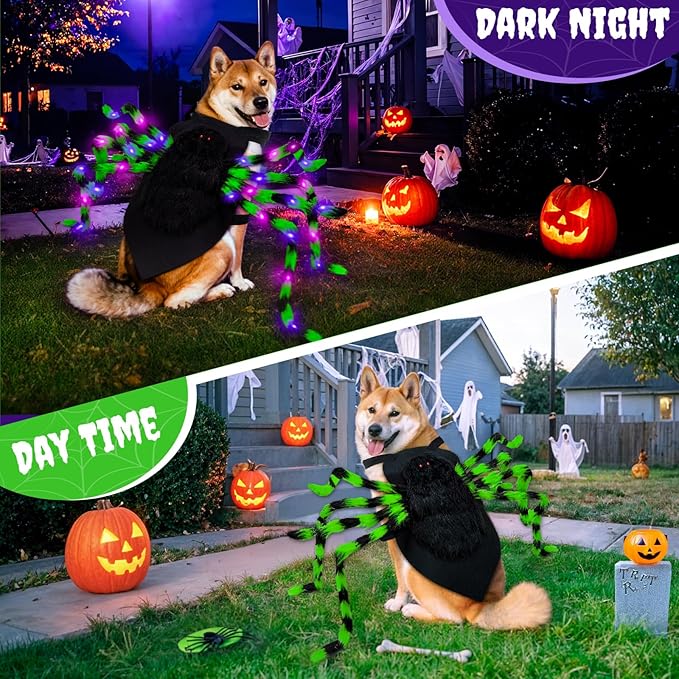 Dog Halloween Costume Large Breed, Furry Dog Spider Costume with 64 LED, Funny Halloween Dogs Costumes for Large Dogs Medium Pet Halloween Party Cosplay (Green)-PurrikoPets