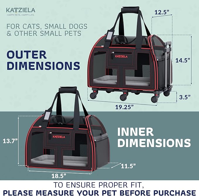 Airline Compliant Pet Carrier - Rolling Portable Travel Carry Crate for Small Dog Puppy or Cat - Soft Removable Wheeled Design with Mesh Window Sides - Airplane and TSA Compliant- by Katziela-PurrikoPets