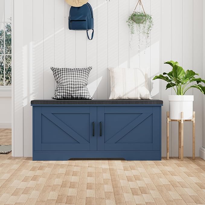 2-Tier Storage Bench, Shoe Bench with Padded Seat Cushion, Entryway Bench with 2 Barn Doors, Adjustable Shelf, 13.8" D x 39.4" W x 17.7" H, for Entryway, Living Room, Bedroom, Blue-PurrikoPets