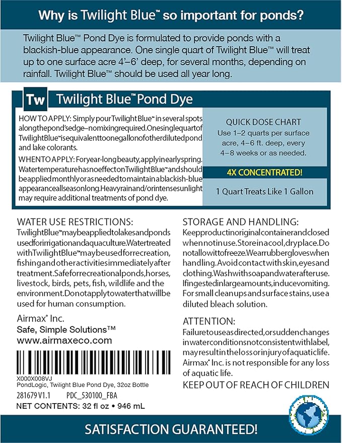 Airmax Twilight Blue Pond Dye 4X Concentrate for Outdoor Ponds & Lakes, Natural Pond Colorant & Beauty Enhancer, Block Ultraviolet Rays, Fish, Bird & Livestock Safe, Easy Liquid Application,1 Quart-PurrikoPets