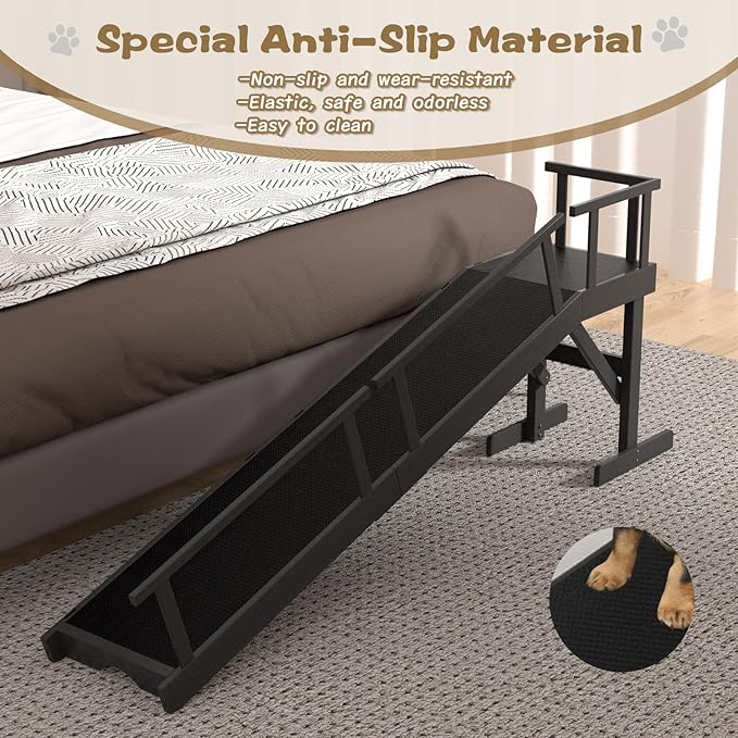 61" Dog Ramp for Bed, Pet Ramp with Removable Side Rail and Non-Slip Surface, Pet Ramp for Small & Large & Senior Dogs with Rest Platform and DIY Glow Strips,Dog Stairs for Couch,Black-PurrikoPets