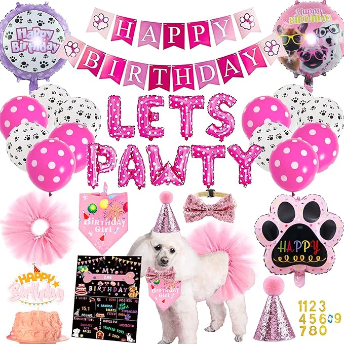Dog Party Supplies Decorations - Cute Bandana, Let's Pawty Banner, Cake Topper, Hat, Pink Bowtie, Tutu Skirt, Paw Balloon for Birthday Celebration-PurrikoPets