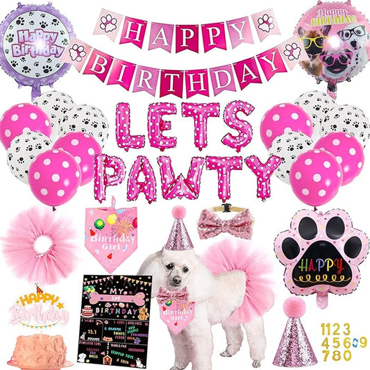 Dog Party Supplies Decorations - Cute Bandana, Let's Pawty Banner, Cake Topper, Hat, Pink Bowtie, Tutu Skirt, Paw Balloon for Birthday Celebration-PurrikoPets