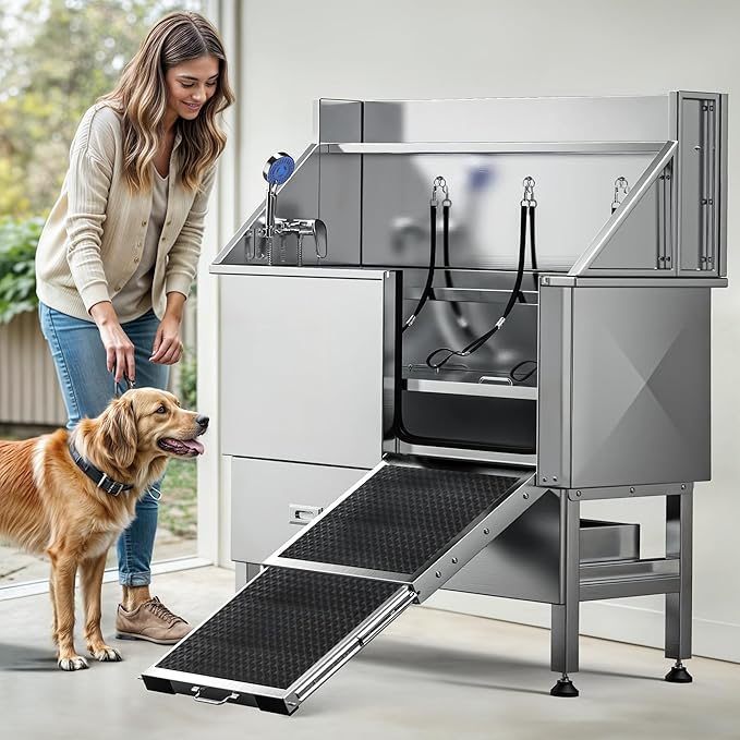 DWVO Professional Dog Bathing Station Stainless Steel 304 Dog Bathtub 50in for Grooming w/Left Door Ramp, 2 Storage Drawers, Faucet, Grate, Pet Washing Station for Large, Medium, Small Pets-PurrikoPets