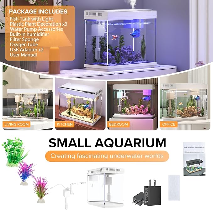 Fish Tank 2.4 Gallon Aquarium Kit with Humidifier 7-Color Auto-Looping 3 in 1 Quiet Pump with Filteration & Oxygenation & Circulation, Temperature Display, HD Glass-PurrikoPets