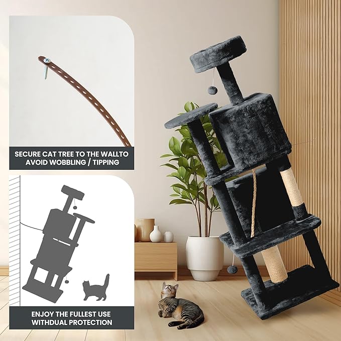 59in Large Cat Tree Tower for Indoor Cats with Soft Plush Hang Ball, Two Condos, Sisal Scratch Posts & Rope Play for Kittens/Adult Cats, New Dark Grey-PurrikoPets