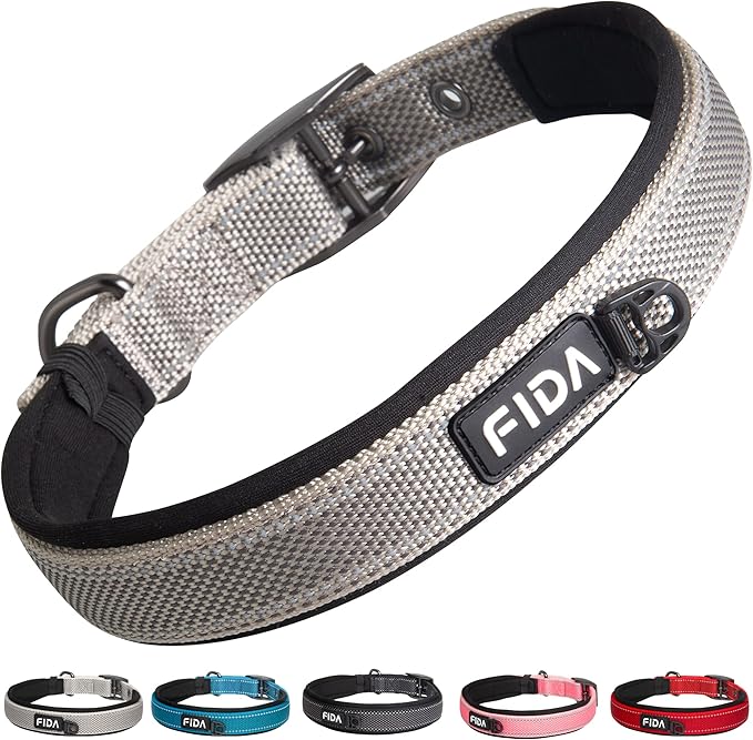 Fida Heavy Duty Dog Collar, Ultra Comfortable Soft Neoprene Padded, Adjustable Reflective Nylon Pet Collar with Durable Metal Belt Buckle for Large Breeds (L, Grey)-PurrikoPets