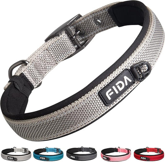 Fida Heavy Duty Dog Collar, Ultra Comfortable Soft Neoprene Padded, Adjustable Reflective Nylon Pet Collar with Durable Metal Belt Buckle for Large Breeds (L, Grey)-PurrikoPets