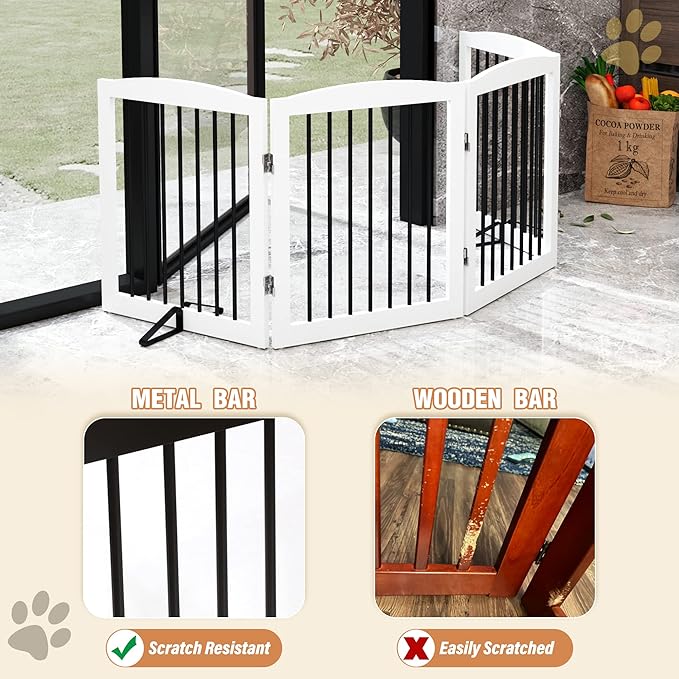 Freestanding Pet Gate for Dogs, Foldable Wooden Dog Gate for House, Indoor Dog Gate for Stair, Doorway, Gates for Dogs Indoor, 80 Inch Wide, 4 Panels 24",White-PurrikoPets