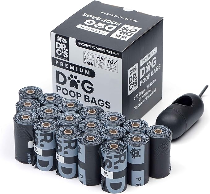 100% Certified Compostable Dog Poop Bags - Dr. C's Premium Dog Poop Bags - 270 Bags / 18 Rolls, Extra thick, Leak Proof, Unscented, Plant Based and Earth Friendly, Dispenser Included-PurrikoPets