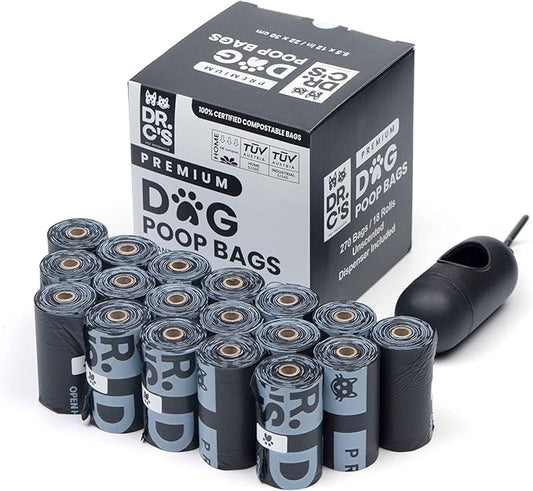 100% Certified Compostable Dog Poop Bags - Dr. C's Premium Dog Poop Bags - 270 Bags / 18 Rolls, Extra thick, Leak Proof, Unscented, Plant Based and Earth Friendly, Dispenser Included-PurrikoPets