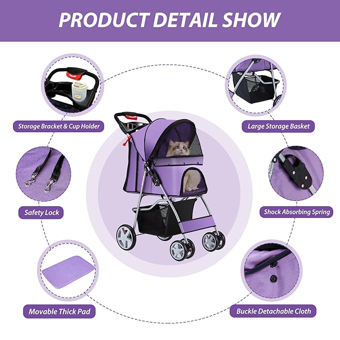 4 Wheels Pet Stroller for Small Medium Dogs Cats 10-33 lbs, Foldable Dog and Cat Stroller with Cup Holder & Storage Basket & Breathable Mesh, Pet Strolling Cart for All-Season, Purple-PurrikoPets