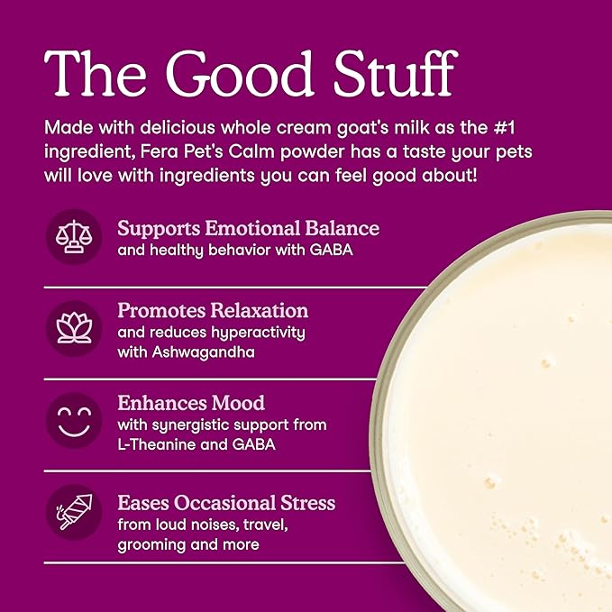 Fera Pets Goat Milk - Calming Supplement for Dogs & Cats - Ashwagandha, L-Theanine, & Passion Flower - Supports Anxiety Relief & Relaxation - for Picky Eaters - 60 TSP-PurrikoPets