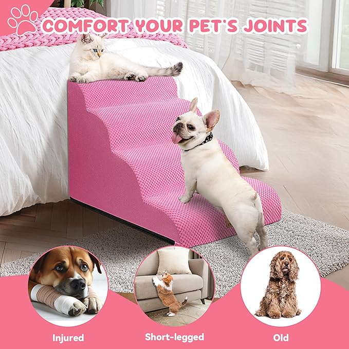 Dog Ramp and Stair for Bed 16" H-20 H,3-Step Cat Stair for Sofa and Chair,4-Step Dog Ramp for High Bed and Window,Durable Nonslip Fabric Cover for Indoor (Pink-20 H, Pet Friendly, 4)-PurrikoPets