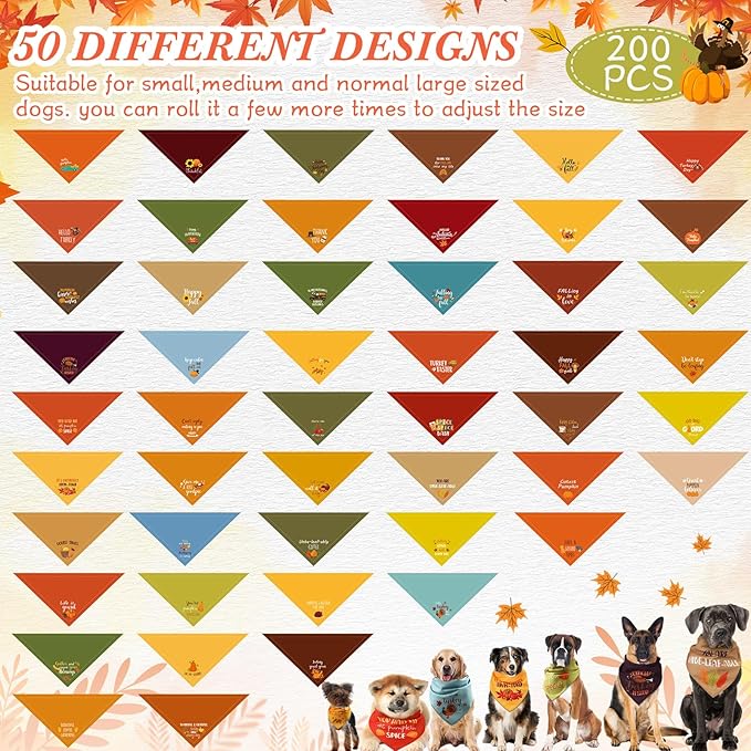 200 Pcs Fall Thanksgiving Dog Bandana Bulk with Sayings Pet Triangle Scarf Bibs Washable Puppy Kerchief Adjustable Grooming Supplies for Small Medium Large Dog Cat Costume Accessories-PurrikoPets