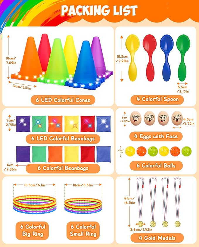Eocolz 49PCS Carnival Games Outdoor Combo Set for Kids with LED Light, Plastic Cones Obstacle Course Bean Bags Balls Ring Toss Game Egg and Spoon Race Lawn Game, Gift for Birthday Party/Xmas/Easter-PurrikoPets