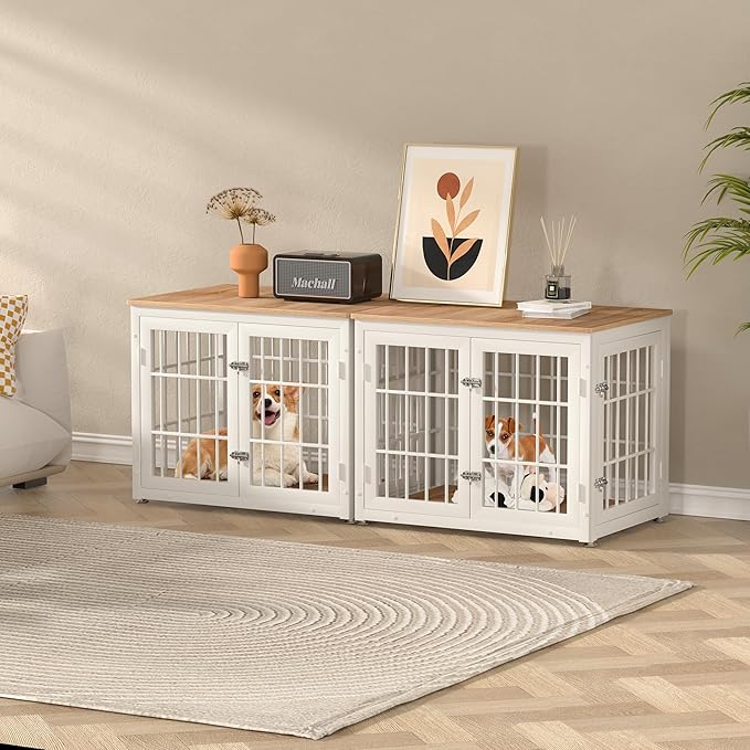 32 Inch Heavy Duty Dog Crate Furniture for Medium and Small Dogs, Decorative Pet House End Table, Wooden Cage Kennel Furniture Indoor, Natural and White-PurrikoPets