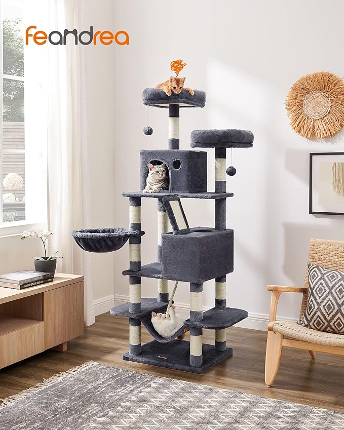 Feandrea Cat Tree, 66.1-Inch Large Cat Tower with 13 Scratching Posts, 2 Perches, 2 Caves, Basket, Hammock, Pompoms, Multi-Level Plush Cat Condo for Indoor Cats, Smoky Gray UPCT165G01-PurrikoPets