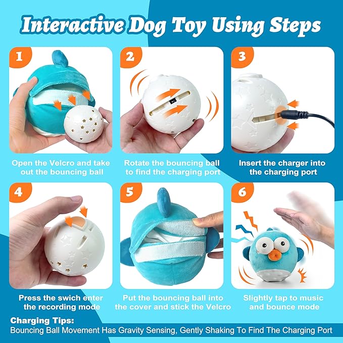 Dog Toys,Rechargeable Crinkle Chew Interactive Squeaky Toy with Jumping Music Moving Ball for Small Medium Large Breed Puppy Toys to Keep Pets Busy (Puffer)-PurrikoPets