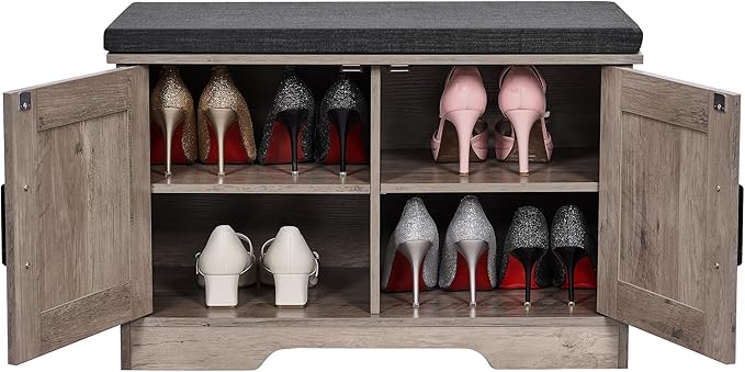 2-Tier Storage Bench, Shoe Bench with Padded Seat Cushion, Entryway Bench with 2 Barn Doors, Adjustable Shelf, 13.8" D x 27.6" W x 17.7" H, for Entryway, Living Room, Bedroom, Greige-PurrikoPets