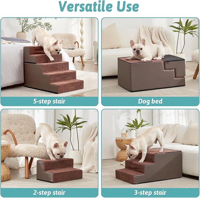 Dog Stairs for Small Dogs, 5 Tier Removable Wider Pet Stairs for Couch and Bed, 23.6" H Non-Slip Dog Steps for Puppies and Old Cats with Support Board, 29.5x19.7x23.6 inch, Brown-PurrikoPets