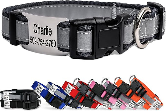 GoTags Reflective Personalized Dog Collar with Nameplate, Adjustable Dog Collar with Custom Engraved Steel Slide On Pet ID Tag, Silent, No Noise Dog Tag for Large Medium or Small (Charcoal, Medium)-PurrikoPets