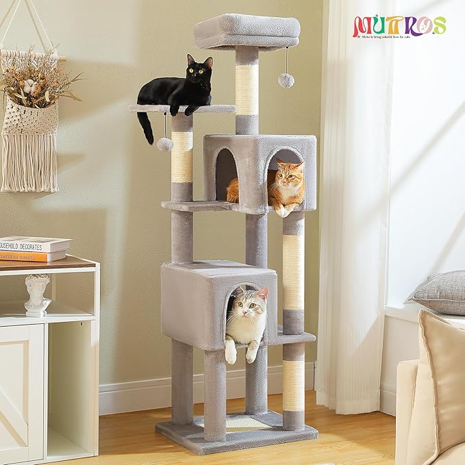 62-Inch Cat Tree for Indoor Cats, Large Cat Tower with Scratching Posts for Large Cats, 2 Bigger Plush Condos, Padded Platform, Soft Cat Bed and Scratching Pad, 2 Pompoms, Gray-PurrikoPets