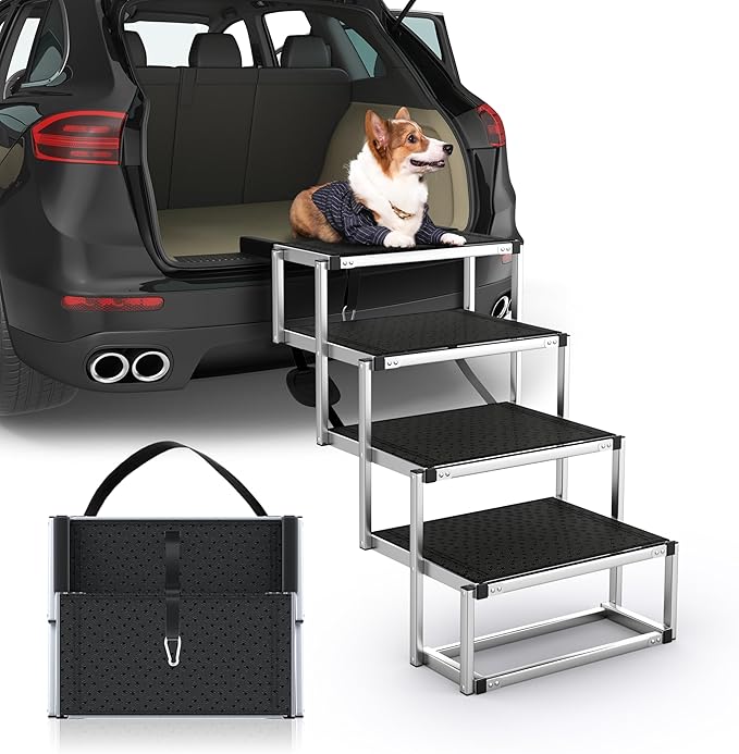 Dog Stairs for Car, Foldable Dog Ramp for Car with Non-Slip Surface, Portable Stairs Aluminum SUV, High Beds, Truck, Supports up to 150 lbs, 4 Steps-PurrikoPets