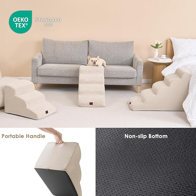 EHEYCIGA Curved Dog Stairs Ramp for High Beds 19.7" H, 4-Step Dog Steps for Small Dogs and Cats, Pet Stairs for High Bed Climbing, Non-Slip Balanced Pet Step Indoor, Beige-PurrikoPets