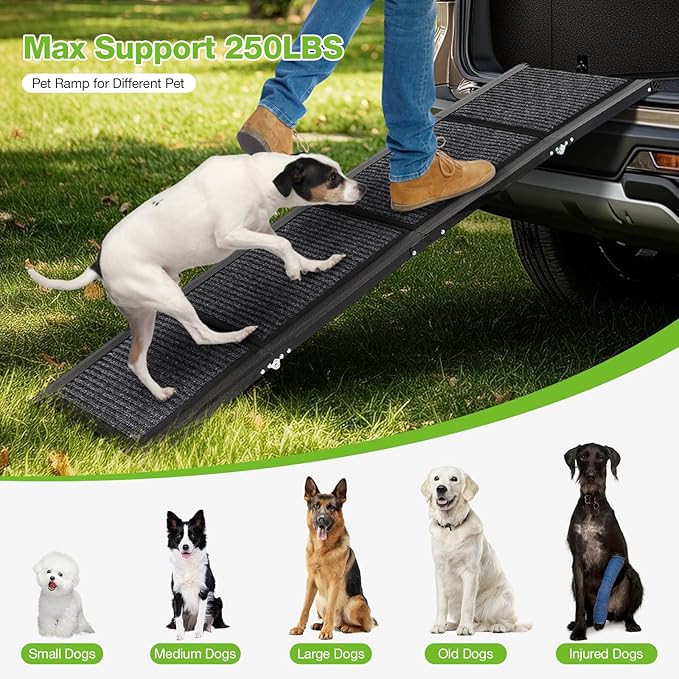 Dog Ramp for Car，63" x 17" Wide Folding Pet Ramp Dog Ramps for Medium & Large Dogs with Non-Slip Rug Surface ，Portable Dog Car Ramp for SUV Car & Truck, Outdoor Dog Ramp Up to 250 LBS-PurrikoPets