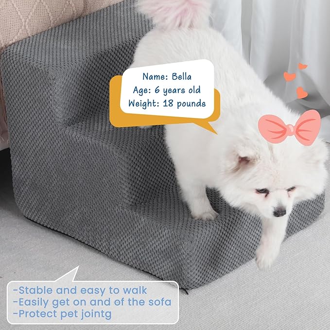 Dog Stairs for Small Dogs & Cats, 3-Step Non-Slip Pet Steps for Couch Sofa and Chair, Grey, 13.6" H-PurrikoPets