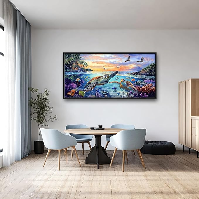 Framed Large Sea Turtle Wall Art for Living Room, Oversized Ocean Turtle Wall Decor Seascape Underwater Marine Life Canvas Painting Home Decoration for Living Room Bedroom Office 60"x30"-PurrikoPets