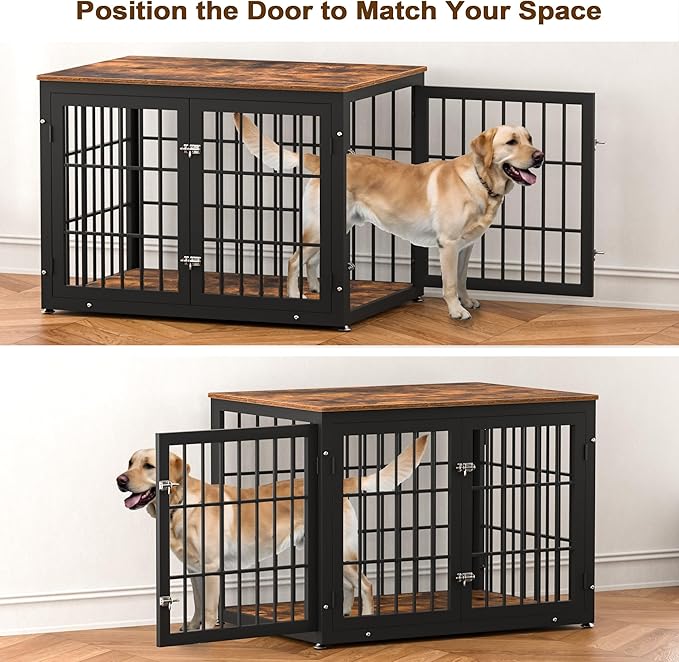 42 Inch Heavy Duty Dog Crate Furniture for Large and Medium Dogs, Decorative Pet House End Table, Wooden Cage Kennel Furniture Indoor, Rustic Brown-PurrikoPets