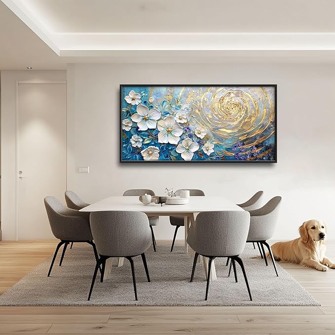 Flower Large Wall Art White Floral Pictures Abstract Golden Spiral Texture Wall Decor Canvas Print Painting Artwork for Bathroom Living Room Bedroom 60L" x 30W"-PurrikoPets