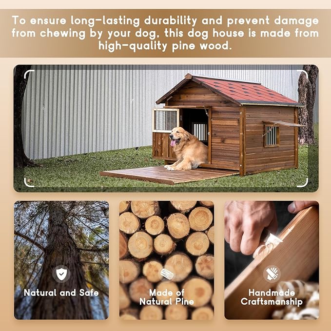 Extra Large Dog House Outdoor Made of Solid Pine Wood, Warm Doghouse, Dog House with Elevated Floor for Large Dogs, (Wood, 7XL)-PurrikoPets