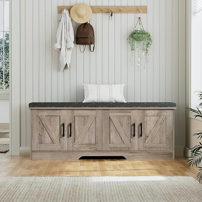 2-Tier Storage Bench, Shoe Bench with Padded Seat Cushion, Entryway Bench with 4 Barn Doors, Adjustable Shelf, 13.8" D x 47.2" W x 17.7" H, for Entryway, Living Room, Bedroom, Greige-PurrikoPets