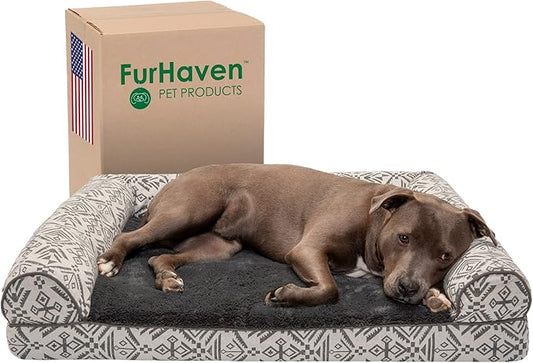 Furhaven Orthopedic Dog Bed for Large/Medium Dogs w/ Removable Bolsters & Washable Cover, For Dogs Up to 55 lbs - Plush & Southwest Kilim Woven Decor Sofa - Boulder Gray, Large-PurrikoPets