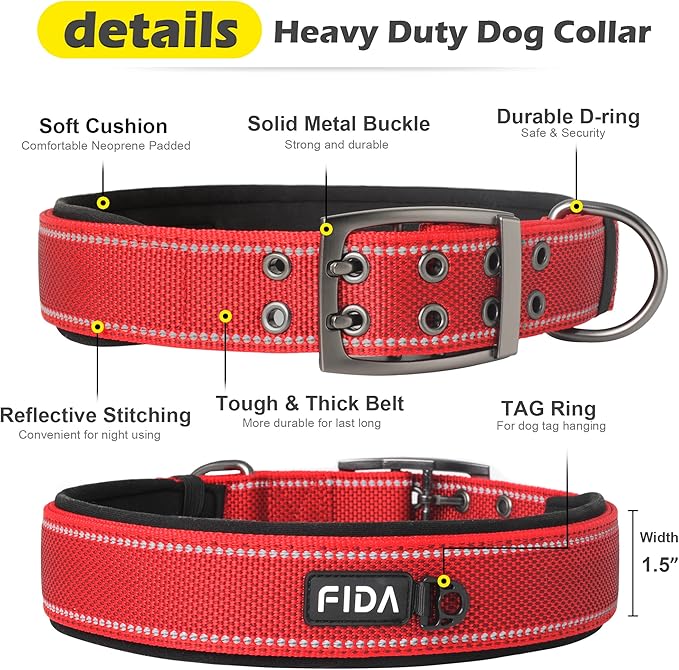 Fida Heavy Duty Dog Collar 1.5” Width, Ultra Soft Neoprene Padded, Adjustable Reflective Nylon Pet Collar with Two Metal Pin Belt Buckle for Large/X-Large Breeds (XL, Red)-PurrikoPets
