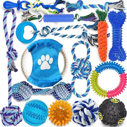 Dog Toys 15 Pack for Teeth Cleaning and Fun, Puppy Teething Chew Toys Interactive Rope Squeaky Treat Balls & Rubber Tous Bulk– Variety Dog Gifts Set Reduce Anxiety & Save Furniture-PurrikoPets