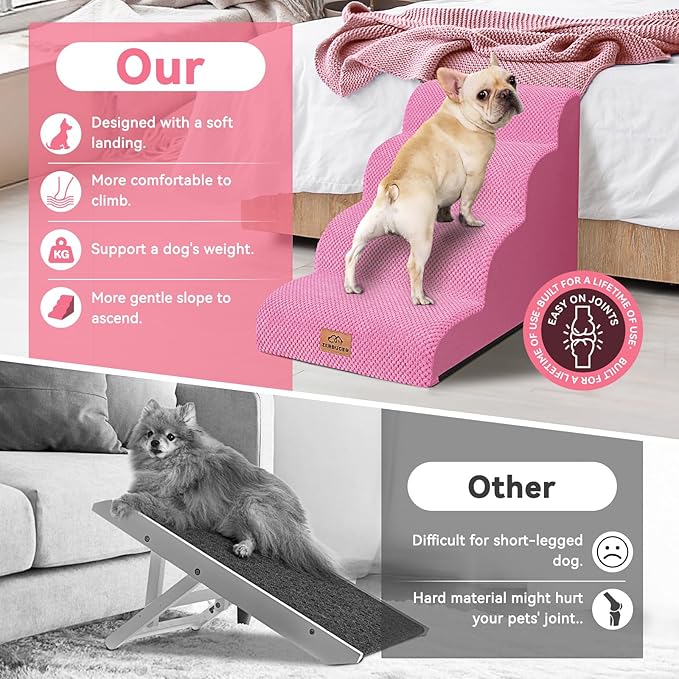 Dog Ramp and Stair for Bed 16" H-20 H,3-Step Cat Stair for Sofa and Chair,4-Step Dog Ramp for High Bed and Window,Durable Nonslip Fabric Cover for Indoor (Pink-20 H, Pet Friendly, 4)-PurrikoPets