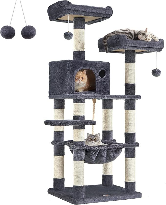 FEANDREA Cat Tree, Cat Tower for Indoor Cats, 56.3-Inch Cat Condo with Scratching Posts, Hammock, Plush Perch, Smoky Gray UPCT15GYZ-PurrikoPets