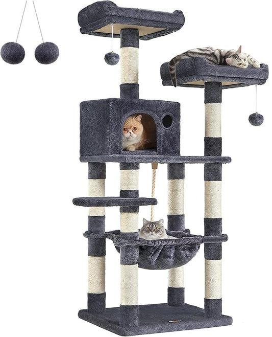 FEANDREA Cat Tree, Cat Tower for Indoor Cats, 56.3-Inch Cat Condo with Scratching Posts, Hammock, Plush Perch, Smoky Gray UPCT15GYZ-PurrikoPets