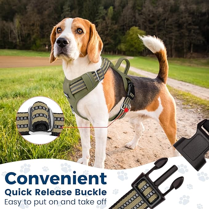 Funfox Dog Harness No Pull, Adjustable Pet Vest Harness, Super Soft Material with Vertical Handle Easy Control, Reflective Night Walking, 2 Leash Clips for XLarge Dogs, Army Green, XL-PurrikoPets